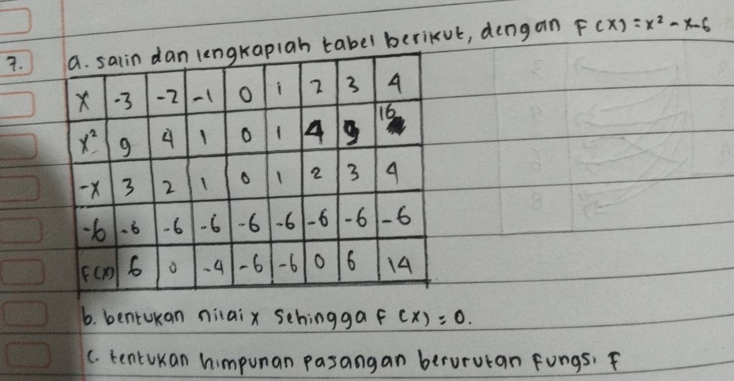 7an F(x)=x^2-x-6
C. tentukan himpunan pasangan berurutan Fongs, F