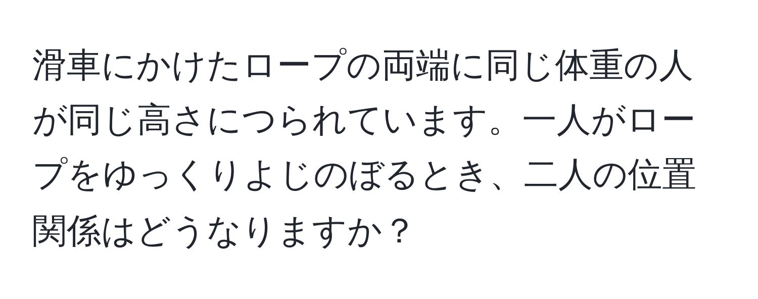 滑車にかけたロープの両端に同じ体重の人が同じ高さにつられています。一人がロープをゆっくりよじのぼるとき、二人の位置関係はどうなりますか？