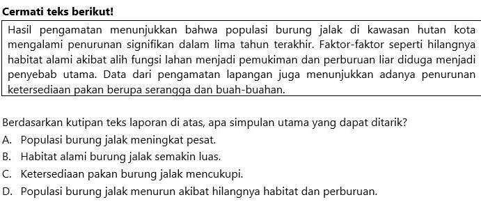 Cermati teks berikut!
Hasil pengamatan menunjukkan bahwa populasi burung jalak di kawasan hutan kota
mengalami penurunan signifikan dalam lima tahun terakhir. Faktor-faktor seperti hilangnya
habitat alami akibat alih fungsi lahan menjadi pemukiman dan perburuan liar diduga menjadi
penyebab utama. Data dari pengamatan lapangan juga menunjukkan adanya penurunan
ketersediaan pakan berupa serangga dan buah-buahan.
Berdasarkan kutipan teks laporan di atas, apa simpulan utama yang dapat ditarik?
A. Populasi burung jalak meningkat pesat.
B. Habitat alami burung jalak semakin luas.
C. Ketersediaan pakan burung jalak mencukupi.
D. Populasi burung jalak menurun akibat hilangnya habitat dan perburuan.