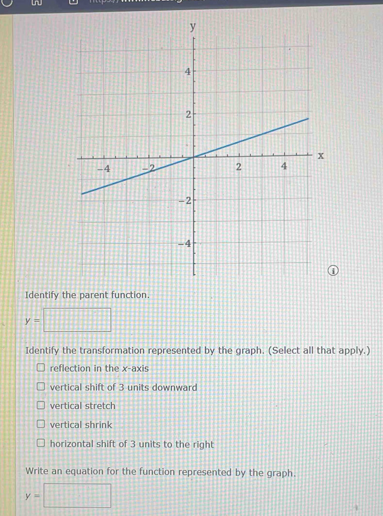 Identify the parent function.
y=
Identify the transformation represented by the graph. (Select all that apply.) 
reflection in the x-axis 
vertical shift of 3 units downward 
vertical stretch 
vertical shrink 
horizontal shift of 3 units to the right 
Write an equation for the function represented by the graph.
y=□