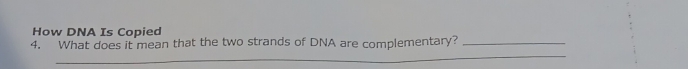 How DNA Is Copied 
_ 
4. What does it mean that the two strands of DNA are complementary?_