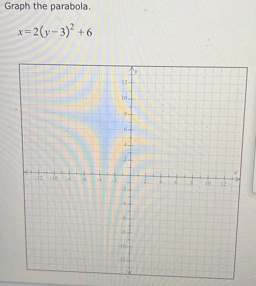 Graph the parabola.
x=2(y-3)^2+6