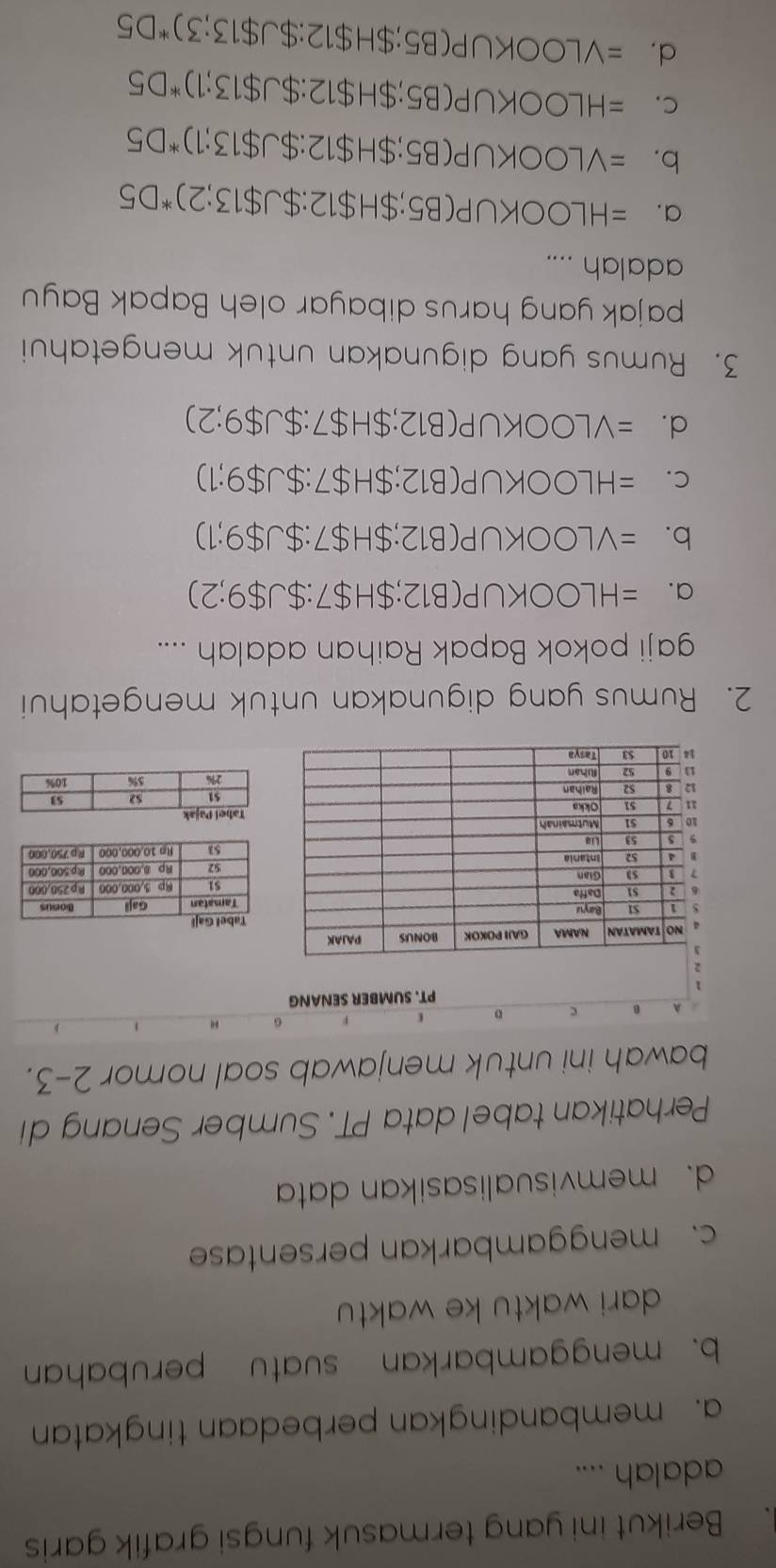 Berikut ini yang termasuk fungsi grafik garis
adalah ....
a. membandingkan perbedaan tingkatan
b. menggambarkan suatu perubahan
dari waktu ke waktu
c. menggambarkan persentase
d. memvisualisasikan data
Perhatikan tabel data PT. Sumber Senang di
bawah ini untuk menjawab soal nomor 2-3.
。
2. Rumus yang digunakan untuk mengetahui
gaji pokok Bapak Raihan adalah ....
a. =HLOOKUP( B12; $H$7:$J$9;2)
b. =VLOOKUP (B12;$H$7:$J$9;1)
c. =HLOOKUP (B12;$H$7:$J$9;1)
d. =VLOOKUP( B12;$H$7:$J$9;2)
3. Rumus yang digunakan untuk mengetahui
pajak yang harus dibayar oleh Bapak Bayu
adalah ....
a. =HLOOKUP (B5;$H$12:$J$13;2)^*D5
b. =VLOOKUP( P(B5;$H$12:$J$13;1)^*D5
c. =HLOOKUP (B5;$H$12:$J$13;1)^*D5
d. =VLOOKUP( P(B5;$H$12:$J$13;3)^*D5