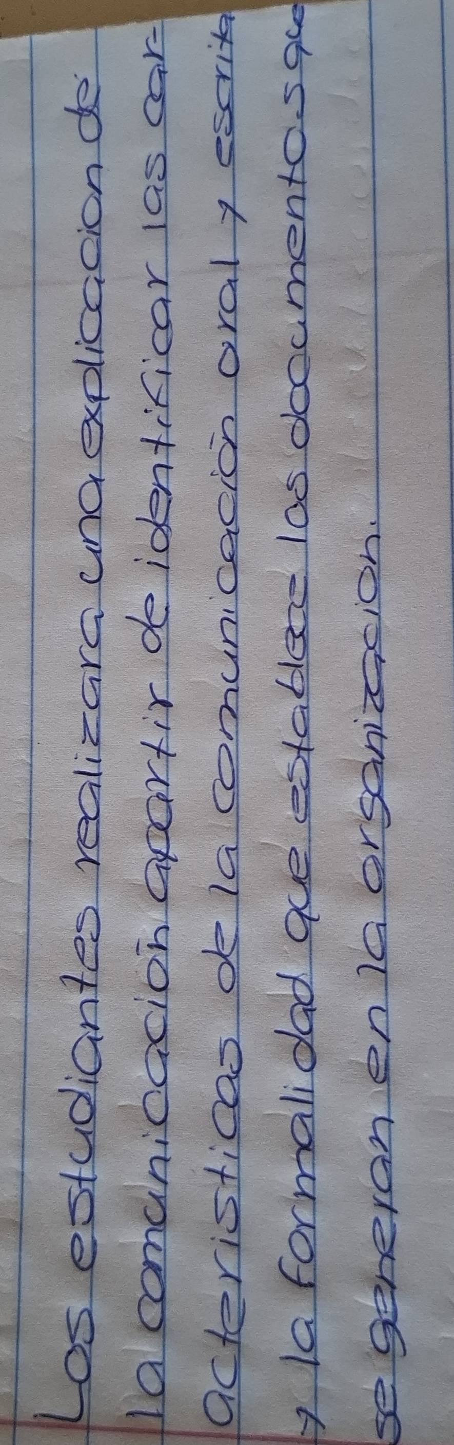 Los estudiantes realizara una explicacion do 
1a comanicacion apartir de identificar las car 
acteristicao de 1a comunicacion oraly escrit 
y la formalidad aue establece l0s dccumentosaue 
segeneran en Ia orsanizcion.