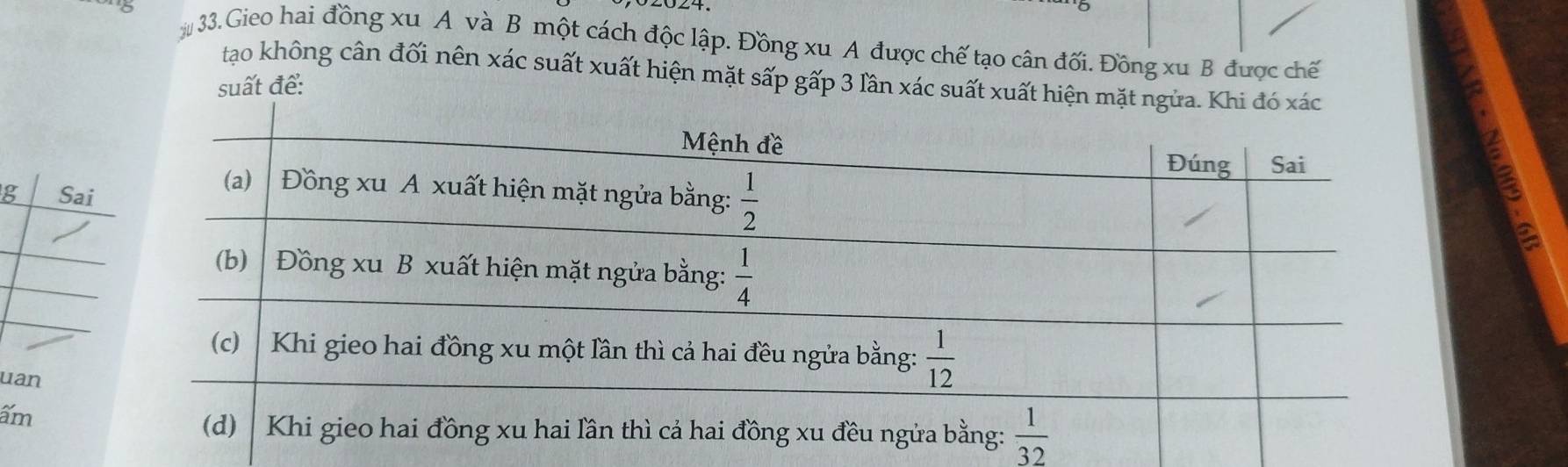 Gieo hai đồng xu A và B một cách độc lập. Đồng xu A được chế tạo cân đối. Đồng xu B được chế
tạo không cân đối nên xác suất xuất hiện mặt sấp gấp 3 lần xác suất xuất hiện mặ
suất để:
g Sai
a
uan
ấm