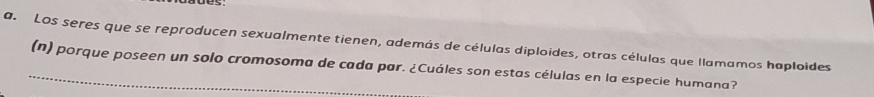 Los seres que se reproducen sexualmente tienen, además de células diploides, otras células que llamamos haploides 
_(n) porque poseen un solo cromosoma de cada par. ¿Cuáles son estas células en la especie humana?
