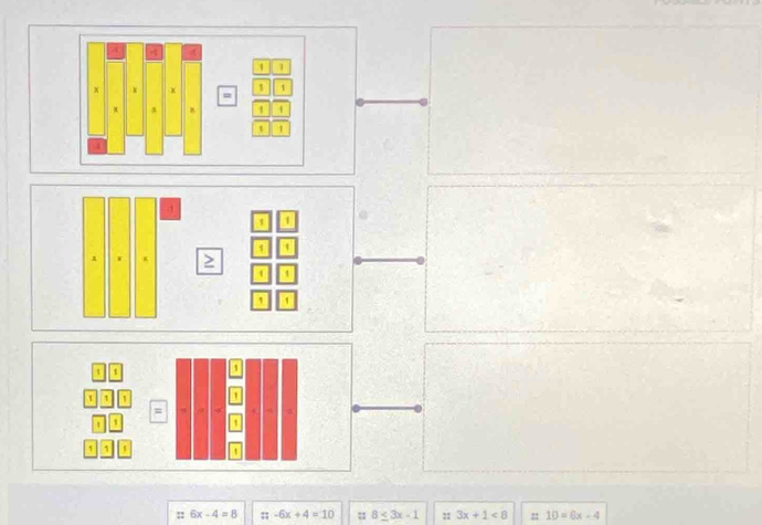 1 1 
1 1 1 
1 
1 1 
:: 6x-4=8 -6x+4=10; 8≤ 3x-1 3x+1<8</tex> = 10=6x-4