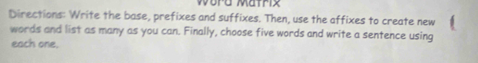 Wora Matrix 
Directions: Write the base, prefixes and suffixes. Then, use the affixes to create new 
words and list as many as you can. Finally, choose five words and write a sentence using 
each one.