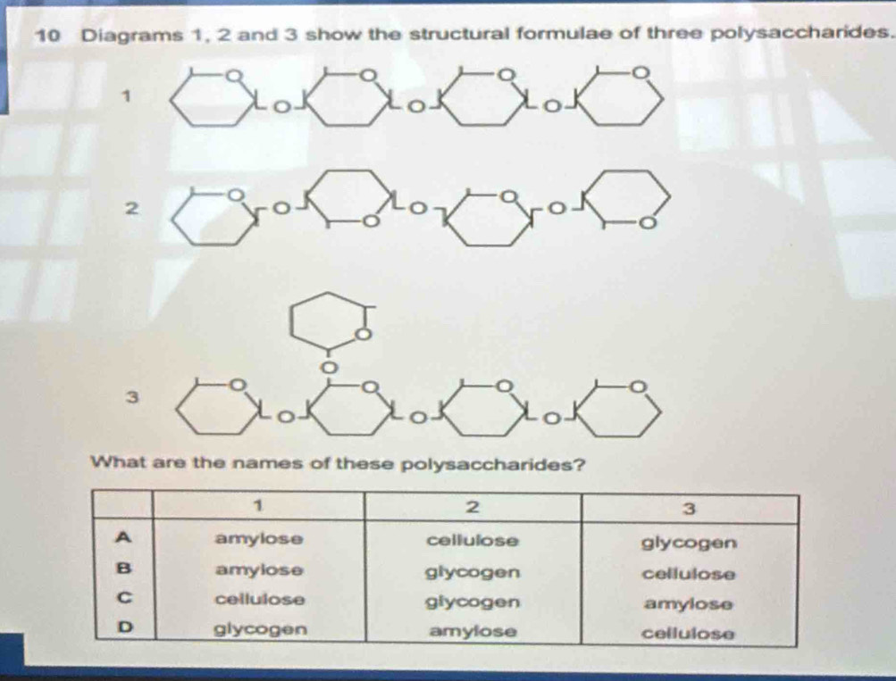 Diagrams 1, 2 and 3 show the structural formulae of three polysaccharides. 
o 
Q
1
Lo
2
。
3
What are the names of these polysaccharides?