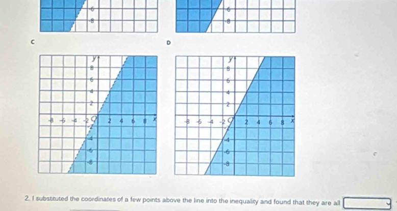 6
-6
-8
-8
C 
D 

2. I substituted the coordinates of a few points above the line into the inequality and found that they are all □