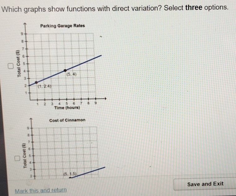 Which graphs show functions with direct variation? Select three options.
Save and Exit
Mark this and return