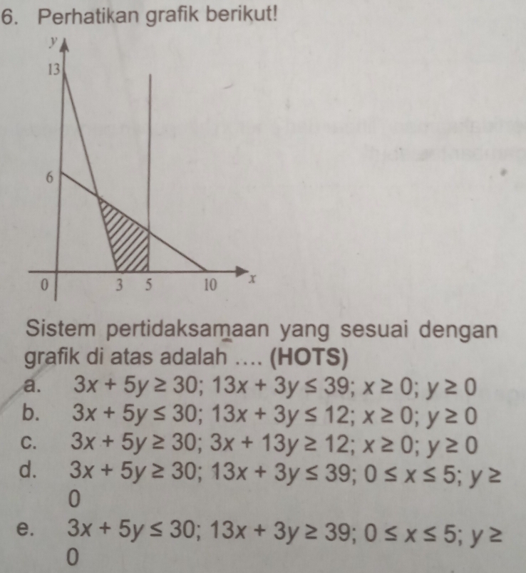 Perhatikan grafik berikut!
Sistem pertidaksamaan yang sesuai dengan
grafik di atas adalah …. (HOTS)
a. 3x+5y≥ 30; 13x+3y≤ 39; x≥ 0; y≥ 0
b. 3x+5y≤ 30; 13x+3y≤ 12; x≥ 0; y≥ 0
C. 3x+5y≥ 30; 3x+13y≥ 12; x≥ 0; y≥ 0
d. 3x+5y≥ 30; 13x+3y≤ 39; 0≤ x≤ 5; y≥
0
e. 3x+5y≤ 30; 13x+3y≥ 39; 0≤ x≤ 5; y≥
0