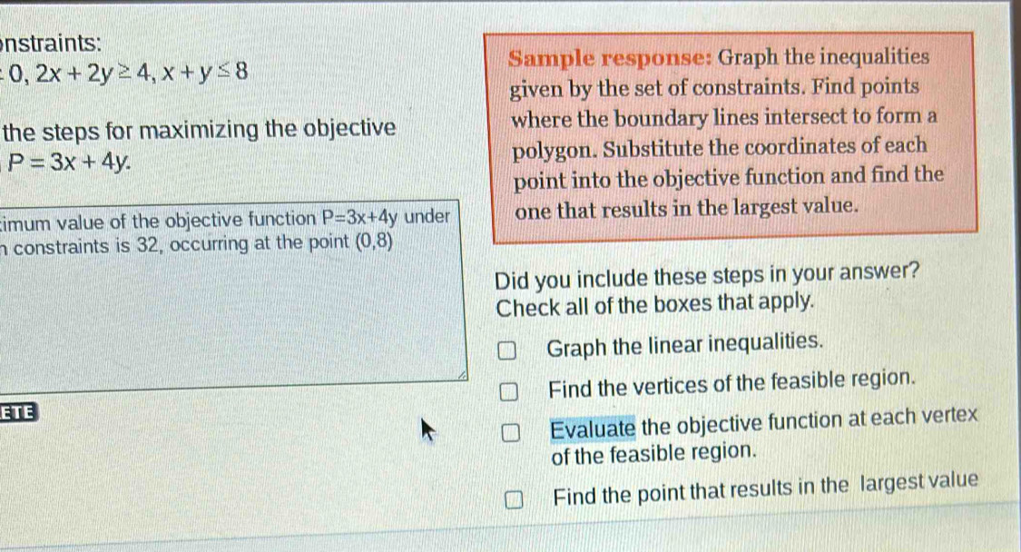 Solved: nstraints: 0,2x+2y≥ 4, x+y≤ 8 Sample response: Graph the ...