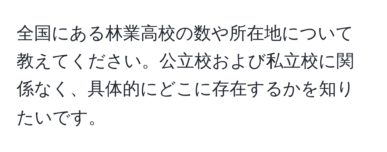 全国にある林業高校の数や所在地について教えてください。公立校および私立校に関係なく、具体的にどこに存在するかを知りたいです。