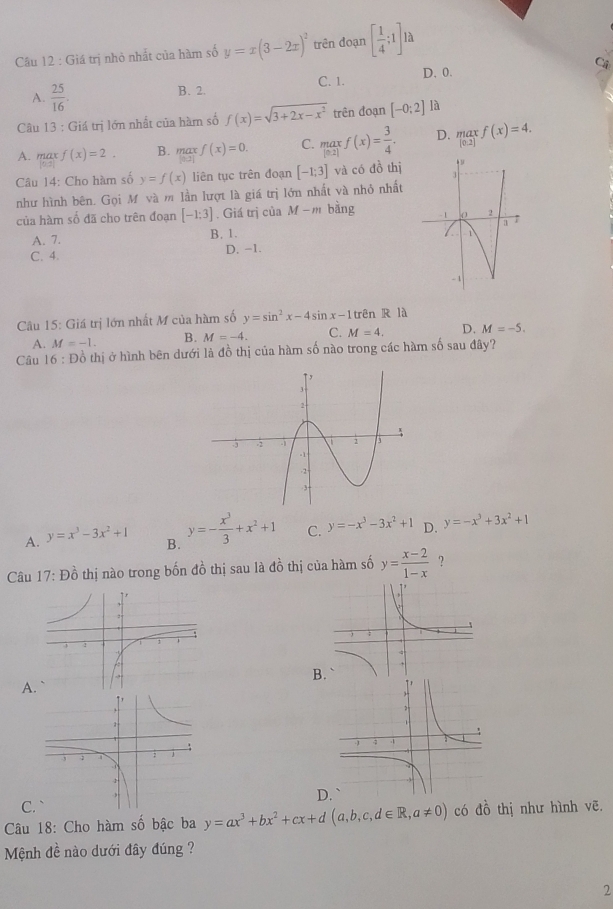 Giá trị nhỏ nhất của hàm số y=x(3-2x)^2 trên đoạn [ 1/4 ;1]12
Cộ
C. 1. D. 0.
A.  25/16 . B. 2.
Câu 13 : Giá trị lớn nhất của hàm số f(x)=sqrt(3+2x-x^2) trên đoạn [-0;2] là
A. max f(x)=2. B. maxf(x)=0. C. maxf(x)= 3/4 . D. limlimits _[0.2]xf(x)=4.
Câu 14: Cho hàm số y=f(x) liên tục trên đoạn [-1;3] và có đồ thị
như hình bên. Gọi M và m lần lượt là giá trị lớn nhất và nhỏ nhất
của hàm số đã cho trên đoạn [-1:3]. Giá trị của M-m bàng
A. 7. B. 1.
C. 4. D. -1.
Câu 15: Giá trị lớn nhất M của hàm số y=sin^2x-4sin x-1 trên R là
A. M=-1. B. M=-4. C. M=4. D. M=-5.
Câu 16 : Đồ thị ở hình bên dưới là đồ thị của hàm số nào trong các hàm số sau đây?
A. y=x^3-3x^2+1 B. y=- x^3/3 +x^2+1 C. y=-x^3-3x^2+1 D. y=-x^3+3x^2+1
Câu 17: Đồ thị nào trong bốn đồ thị sau là đồ thị của hàm số y= (x-2)/1-x  ?
B
A
D
C.
Câu 18: Cho hàm số bậc ba y=ax^3+bx^2+cx+d(a,b,c,d∈ R,a!= 0) có dhat o thị như hình vẽ,
Mnh đề nào dưới đây đúng ?
2