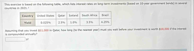 This exercise is based on the following table, which lists interest rates on long-term investments (based on 10-year government bonds) in several 
countries in 2021.† 
Assuming that you invest $11,000 in Qatar; how long (to the nearest year) must you wait before your investment is worth $18,000 if the interest 
is compounded annually? 
yr