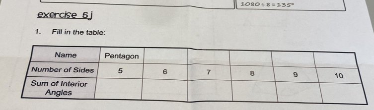 1080/ 8=135°
exercise 5 j 
1. Fill in the table: