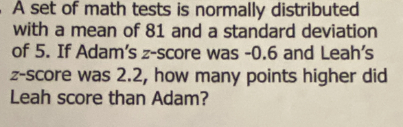 A set of math tests is normally distributed 
with a mean of 81 and a standard deviation 
of 5. If Adam's z-score was -0.6 and Leah’s 
z-score was 2.2, how many points higher did 
Leah score than Adam?