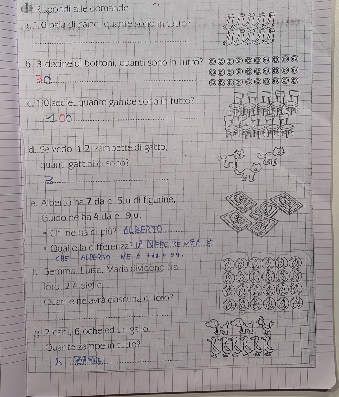 Rispondi alle domande. 
a. 1 0 paia di calze, quante sono in tutto?
5. 3 decine di bottoni, quanti sono in tutto? 
③ ④ ③ 
① 
④③ ③③ ④ 
c. 1 0 sedie, quante gambe sono in tutto? 
d. Se vedo 12 zampette di gatto, 
quanti gattini ci sono? 
2 
e. Alberto ha 7 da e 5 u di figurine, 
Guido ne ha 4 da e 9 u. 
Chi ne ha di più? PERTO. 
Qual è la differenza? I. NEFe Be Z..E 
CHE ALBERTO NE A Fda e 5u. 
f. Gemma, Luisa, Maria dividõno fra 
loro 2 4 biglie. 
Quante ne avrà ciascuna di loro? 
g. 2 cani, 6 oche ed un gallo. 
Quante zampe in tutto? 
ZANHE .