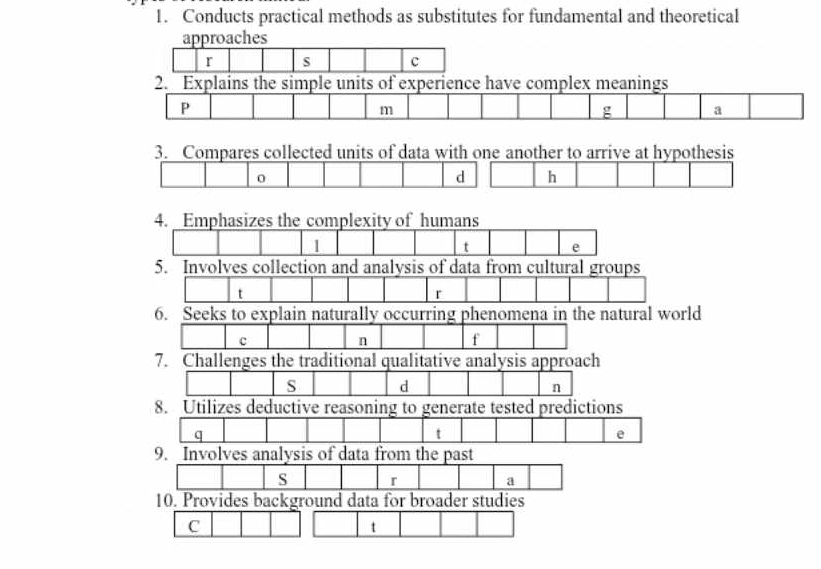 Conducts practical methods as substitutes for fundamental and theoretical 
approaches 
3. Compares collected units of data with one another to arrive at hypothesis 
0 
d h 
4. Emphasizes the complexity of humans 
1 
t e 
5. Involves collection and analysis of data from cultural groups 
t 
r 
6. Seeks to explain naturally occurring phenomena in the natural world 
c 
n f 
7. Challenges the traditional qualitative analysis approach 
S d 
n 
8. Utilizes deductive reasoning to generate tested predictions 
q 
t 
e 
9. Involves analysis of data from the past 
S 
a 
10. Provides background data for broader studies 
C 
t