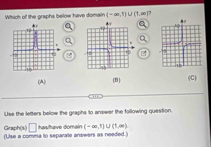 Which of the graphs below have domain (-∈fty ,1)∪ (1,∈fty ) ?

(A) (B)
(C)
Use the letters below the graphs to answer the following question.
Graph(s) □ has/have domain (-∈fty ,1)∪ (1,∈fty ). 
(Use a comma to separate answers as needed.)