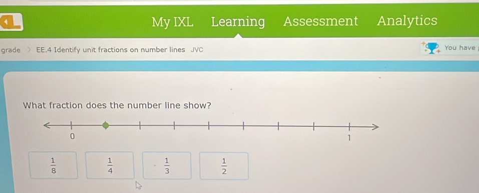 My IXL Learning Assessment Analytics
grade EE.4 Identify unit fractions on number lines JVC You have
What fraction does the number line show?
 1/8   1/4   1/3   1/2 