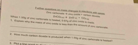 Further questions on mass changes in reactions with gases 
Zinc carbonate → zinç oxide + carbon dioxide ZnCO_3(s)to ZnO(s)+CO_2(g)
When 1.50g of zinc carbonate is heated, 0.97g of zinc oxide is made. 
_ 
1. Explain why the mass of zinc oxide is less than the amount of zinc carbonate 
_ 
_2. How much carbon dioxide is produced when 1.50g of zinc carbonate is heated?