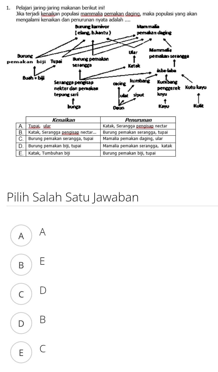 Pelajari jaring-jaring makanan berikut ini!
Jika terjadi kenaikan populasi mammalia pemakan daging, maka populasi yang akan
mengalami kenaikan dan penurunan nyata adalah ....
Pilih Salah Satu Jawaban
A A
B E
C D
D B
E C