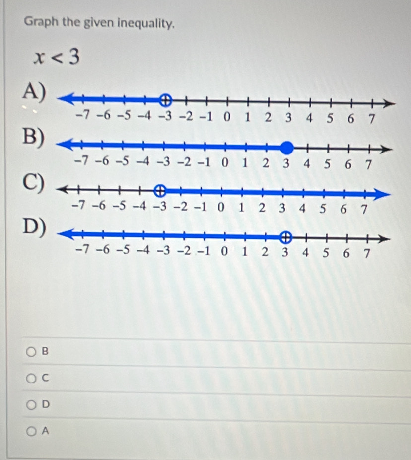 Graph the given inequality,
x<3</tex>
A
B
C
D
B
C
D
A