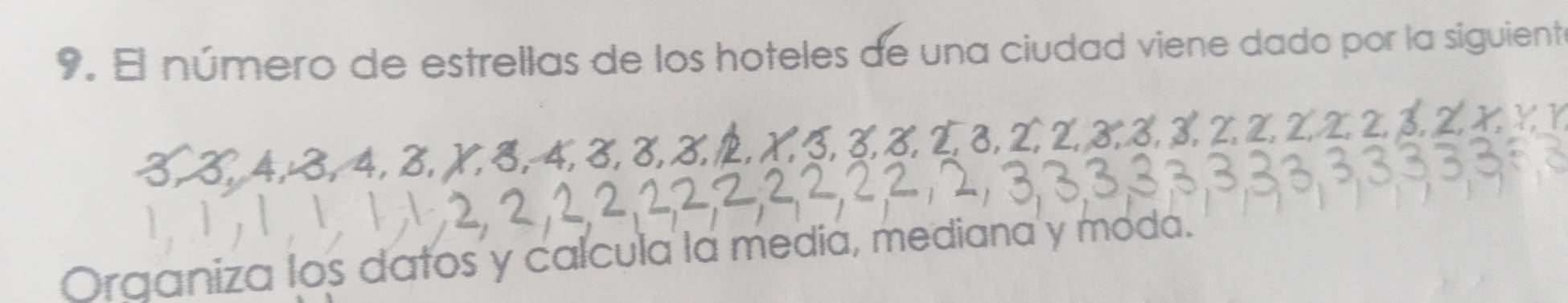 El número de estrellas de los hoteles de una ciudad viene dado por la siguiente 
Organiza los datos y calcula la media, mediana y moda.