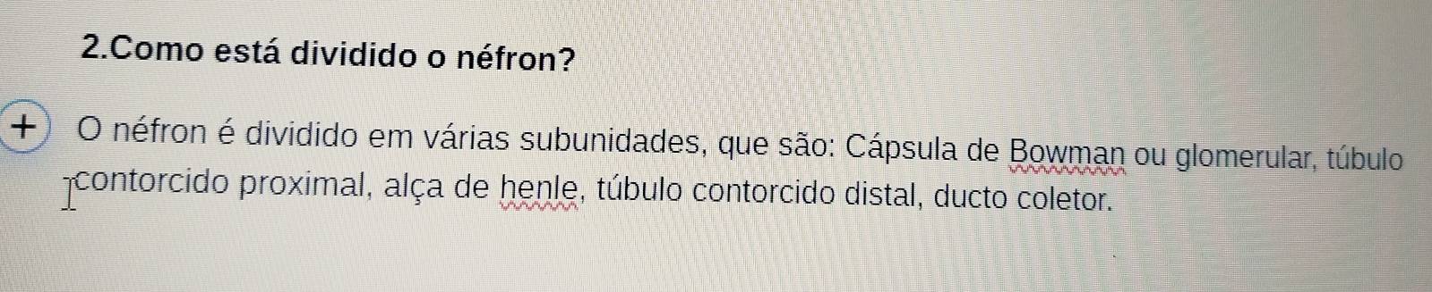 Como está dividido o néfron?
+) O néfron é dividido em várias subunidades, que são: Cápsula de Bowman ou glomerular, túbulo
-contorcido proximal, alça de henle, túbulo contorcido distal, ducto coletor.