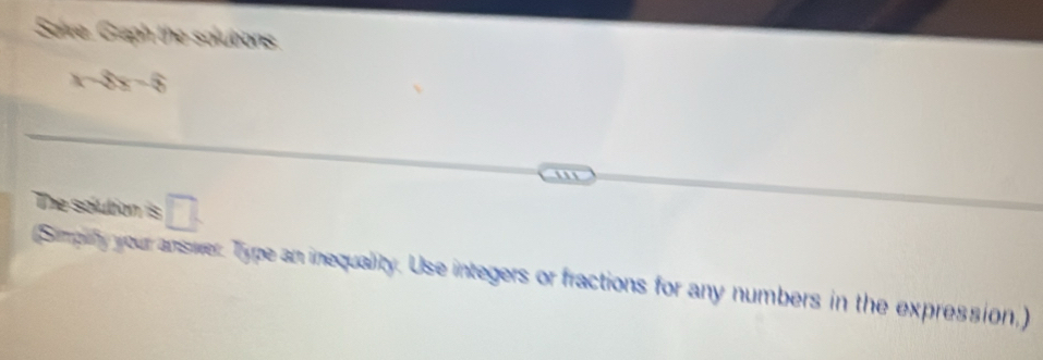 Solve. Graph the solubions
x-8y-6
The solution is □ . 
Simpify your answer. Type an inequality. Use integers or fractions for any numbers in the expression,)