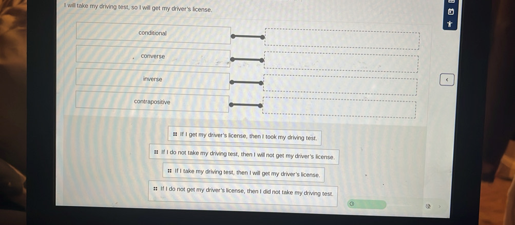 will take my driving test, so I will get my driver's license.
conditional
converse
inverse contrapositive
:: If I get my driver's license, then I took my driving test.
:: If I do not take my driving test, then I will not get my driver's license.
:: If I take my driving test, then I will get my driver's license.
:: If I do not get my driver's license, then I did not take my driving test.