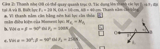 Thanh nhẹ OB có thể quay quanh trục O. Tác dụng lên thanh các lực F_1 và F_2 đặt
tại A và B. Biết lực F_1=20N,OA=10cm,AB=40cm. Thanh nằm cân bằng.
a. Vì thanh nằm cân bằng nên hai lực cần thỏa
mãn điều kiện của Moment lực: M_F_1=M_F_2
b. Với alpha =beta =90° thì F_2=100N_1
c. Với alpha =30°;beta =90° 1 thì F_2=250N.