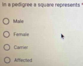 In a pedigree a square represents
Male
Female
Carrier
Affected