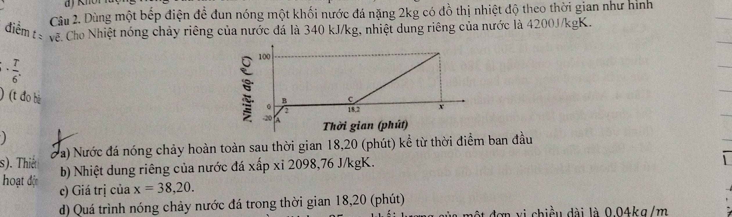 Dùng một bếp điện đề đun nóng một khối nước đá nặng 2kg có đồ thị nhiệt độ theo thời gian như hình 
điểm tế vẽ. Cho Nhiệt nóng chảy riêng của nước đá là 340 kJ/kg, nhiệt dung riêng của nước là 4200J/kgK.
·  T/6 
) (t đo bà 
s). Thiết Đ a) Nước đá nóng chảy hoàn toàn sau thời gian 18,20 (phút) kể từ thời điểm ban đầu 
b) Nhiệt dung riêng của nước đá xấp xỉ 2098, 76 J/kgK. 
hoạt đột 
c) Giá trị của x=38,20. 
d) Quá trình nóng chảy nước đá trong thời gian 18,20 (phút) 
vi chiều dài là 0.04kg/m