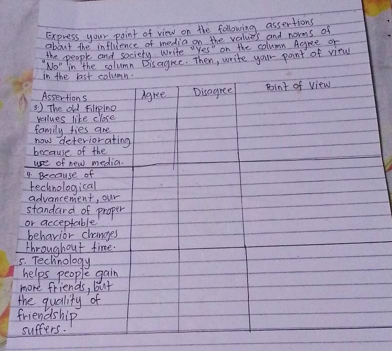 Express your point of view on the following assertions 
about the influence of media on the values and norms of 
the people and sociery write "yes" on the column Agree or 
No"the column Disagree. Then, write your paint of view