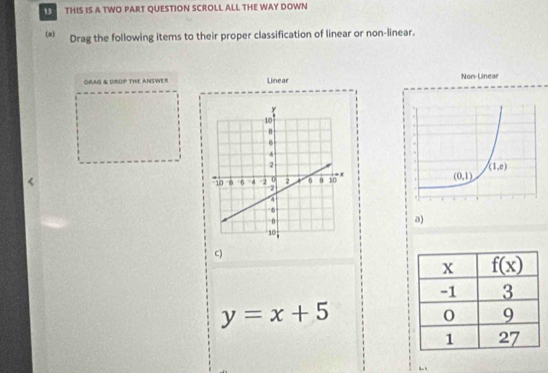 THIS IS A TWO PART QUESTION SCROLL ALL THE WAY DOWN
(n) Drag the following items to their proper classification of linear or non-linear.
ORAG & DROP THE ANSWER Linear Non-Linear
 
a)
C)
y=x+5