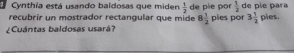 Cynthia está usando baldosas que miden  1/2  de pie por  1/2  de pie para 
recubrir un mostrador rectangular que mide 8 1/2  bi. por 3 1/2  pies. 
¿Cuántas baldosas usará?