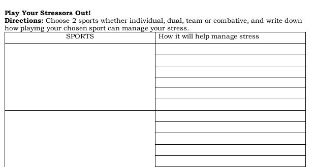 Play Your Stressors Out! 
Directions: Choose 2 sports whether individual, dual, team or combative, and write down 
h