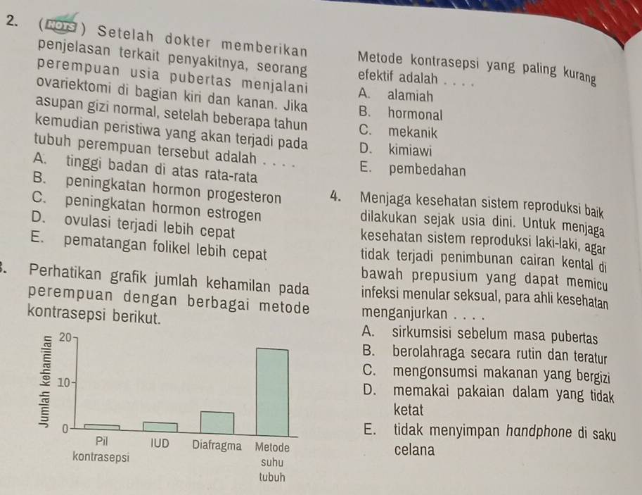 (COS ) Setelah dokter memberikan Metode kontrasepsi yang paling kurang
penjelasan terkait penyakitnya, seorang efektif adalah . . . .
perempuan usia pubertas menjalani A. alamiah
ovariektomi di bagian kiri dan kanan. Jika B. hormonal
asupan gizi normal, setelah beberapa tahun C. mekanik
kemudian peristiwa yang akan terjadi pada D. kimiawi
tubuh perempuan tersebut adalah . . . . E. pembedahan
A. tinggi badan di atas rata-rata
B. peningkatan hormon progesteron 4. Menjaga kesehatan sistem reproduksi baik
C. peningkatan hormon estrogen dilakukan sejak usia dini. Untuk menjaga
D. ovulasi terjadi lebih cepat kesehatan sistem reproduksi laki-laki, agar
E. pematangan folikel lebih cepat tidak terjadi penimbunan cairan kental di
bawah prepusium yang dapat memicu
. Perhatikan grafik jumlah kehamilan pada infeksi menular seksual, para ahli kesehatan
perempuan dengan berbagai metode menganjurkan . . . .
kontrasepsi berikut.
A. sirkumsisi sebelum masa pubertas
B. berolahraga secara rutin dan teratur
C. mengonsumsi makanan yang bergizi
D. memakai pakaian dalam yang tidak
ketat
E. tidak menyimpan handphone di saku
celana