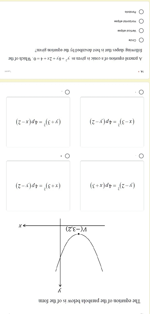 The equation of the parabola below is of the form
(y-2)^2=4p(x+3)
(x+3)^2=4p(y-2)
(x-3)^2=4p(y-2)
(y+3)^2=4p(x-2)
14. * 1 point
A general equation of a conic is given as y^2+8y+2x+4=0. Which of the
following shapes that is best described by the equation given?
Circle
Vertical ellipse
Horizontal ellipse
Parabola