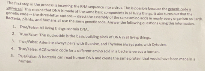 The first step in the process is inserting the RNA sequence into a virus. This is possible because the genetic code is 
universal. This reans that DNA is made of the same basic components in all living things. It also turns out that the 
genetic code -- the three-letter codons -- direct the assembly of the same amino acids in nearly every organism on Earth. 
Bacteria, plants, and humans all use the same genetic code. Answer the following questions using this information. 
1. True/False: All living things contain DNA. 
2. True/False: The nucleotide is the basic building block of DNA in all living things. 
3. True/False: Adenine always pairs with Guanine, and Thymine always pairs with Cytosine. 
4. True/False: ACG would code for a different amino acid in a bacteria versus a human. 
5. True/False: A bacteria can read human DNA and create the same protein that would have been made in a 
human.