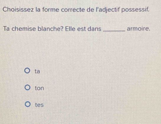 Choisissez la forme correcte de l'adjectif possessif.
Ta chemise blanche? Elle est dans _armoire.
ta
ton
tes