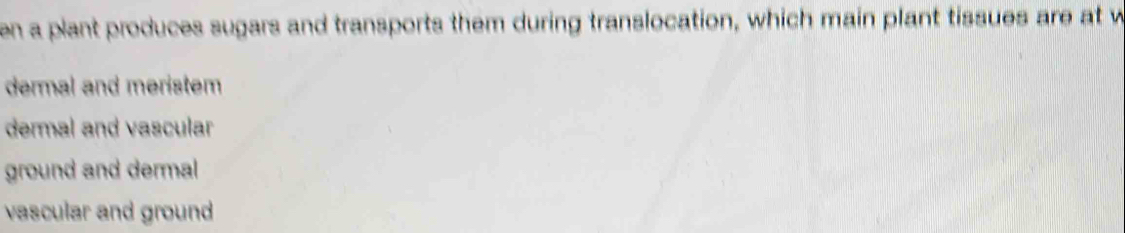 en a plant produces sugars and transports them during translocation, which main plant tissues are at w
dermal and meristem
dermal and vascular
ground and dermal
vascular and ground