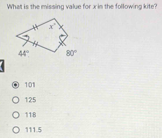 What is the missing value for xin the following kite?
101
125
118
111.5