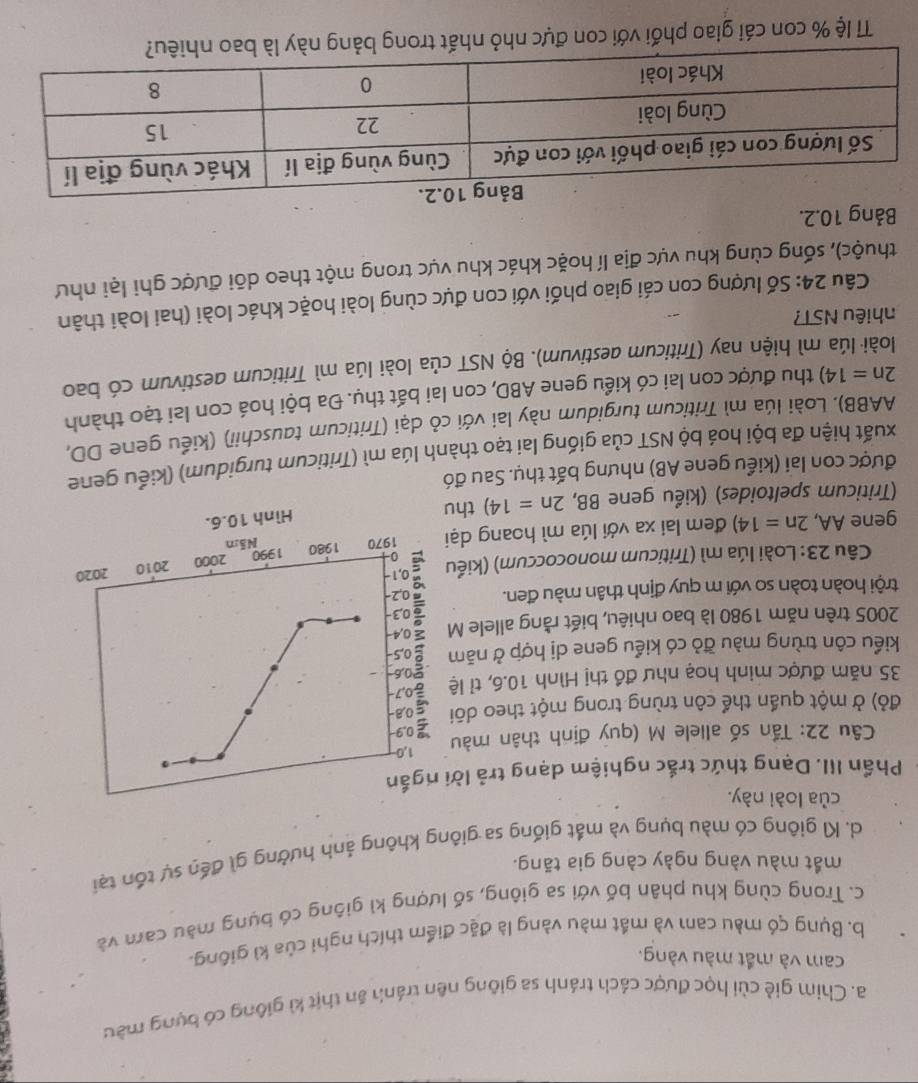 a. Chim giẻ củi học được cách tránh sa giông nên tránh ăn thịt kì giống có bụng màu
cam và mắt màu vàng.
b. Bụng çó màu cam và mắt màu vàng là đặc điểm thích nghi của kì giống.
c. Trong cùng khu phân bố với sa giông, số lượng kì giông có bụng màu cam và
mắt màu vàng ngày càng gia tãng.
d. K giông có màu bụng và mắt giống sa giông không ảnh hưởng gì đến sự tổn tại
của loài này.
Phần III. Dạng thức trắc nghiệm dạng trả lờ
Câu 22: Tần số allele M (quy định thân màu
đỏ) ở một quần thể côn trùng trong một theo dōi
35 năm được minh hoạ như đồ thị Hình 10.6, tỉ lệ
kiểu côn trùng màu đỏ có kiểu gene dị hợp ở năm
2005 trên năm 1980 là bao nhiêu, biết rằng allele M
trội hoàn toàn so với m quy định thân màu đen. 
Câu 23: Loài lúa mì (Triticum monococcum) (kiểu
gene AA, 2n=14) đem lai xa với lúa mì hoang dạ
Triticum speltoides) (kiểu gene BB, 2n=14) th
được con lai (kiểu gene AB) nhưng bất thụ. Sau đó
xuất hiện đa bội hoá bộ NST của giống lai tạo thành lúa mì (Triticum turgidum) (kiểu gene
AABB). Loài lúa mì Triticum turgidum này lại với cỏ dại (Triticum tauschii) (kiểu gene DD,
2n=14) thu được con lai có kiểu gene ABD, con lai bất thụ. Đa bội hoá con lai tạo thành
loài lúa mì hiện nay (Triticum aestivum). Bộ NST của loài lúa mì Triticum destivum có bao
nhiêu NST?
Câu 24: Số lượng con cái giao phối với con đực cùng loài hoặc khác loài (hai loài thân
thuộc), sống cùng khu vực địa lí hoặc khác khu vực trong một theo dõi được ghi lại như
Bảng 10.2.
Tỉ lệ % con cái giao phối với con đực nhỏ nhất trong bảng