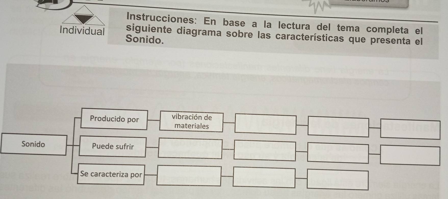 Instrucciones: En base a la lectura del tema completa el 
Individual siguiente diagrama sobre las características que presenta el 
Sonido. 
Producido por 
vibración de 
materiales 
Sonido Puede sufrir 
Se caracteriza por