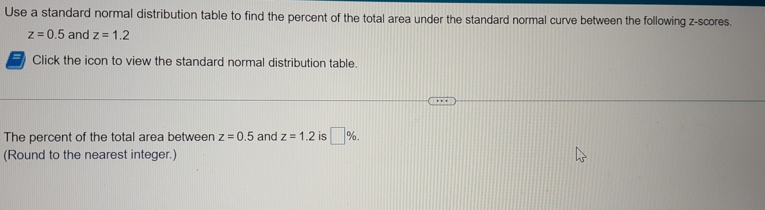 Use a standard normal distribution table to find the percent of the total area under the standard normal curve between the following z-scores.
z=0.5 and z=1.2
- Click the icon to view the standard normal distribution table. 
The percent of the total area between z=0.5 and z=1.2 is □ %. 
(Round to the nearest integer.)