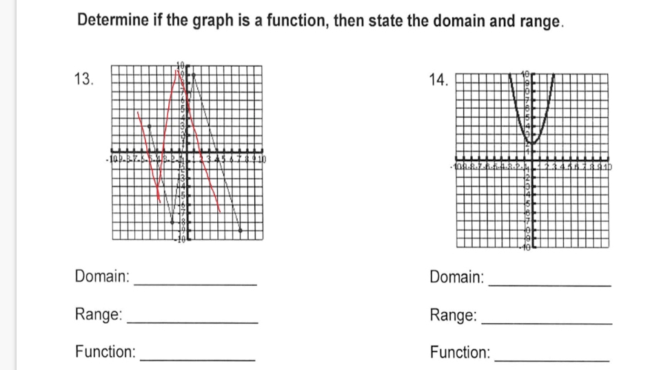 Determine if the graph is a function, then state the domain and range.
13.14

_ 
_ 
Domain: Domain: 
Range: _Range:_ 
Function: _Function: 
_